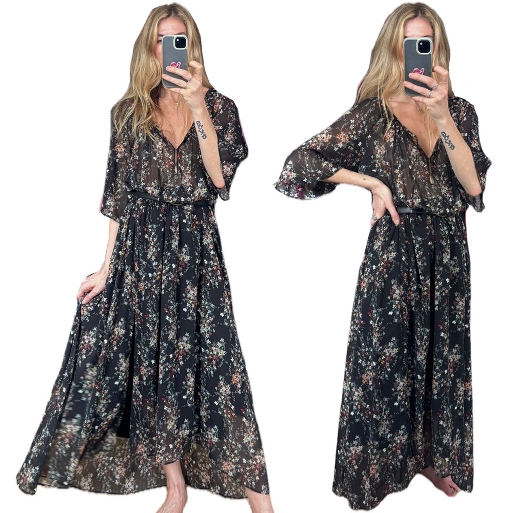 IKKS Women Black Floral Plunging Neckline Bell Sleeve Boho Maxi Dress